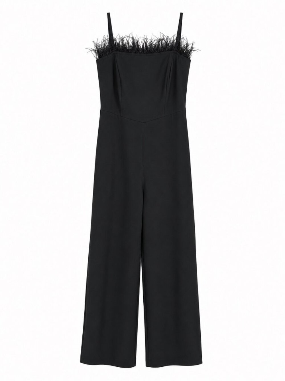 Nicole Miller Black Feather Trim Wide-Leg Jumpsuit Adjustable Straps